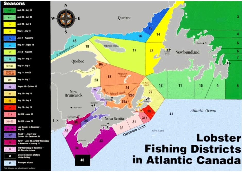 A map of the lobster fishing districts in Atlantic Canada including the breakdown of seasons.
